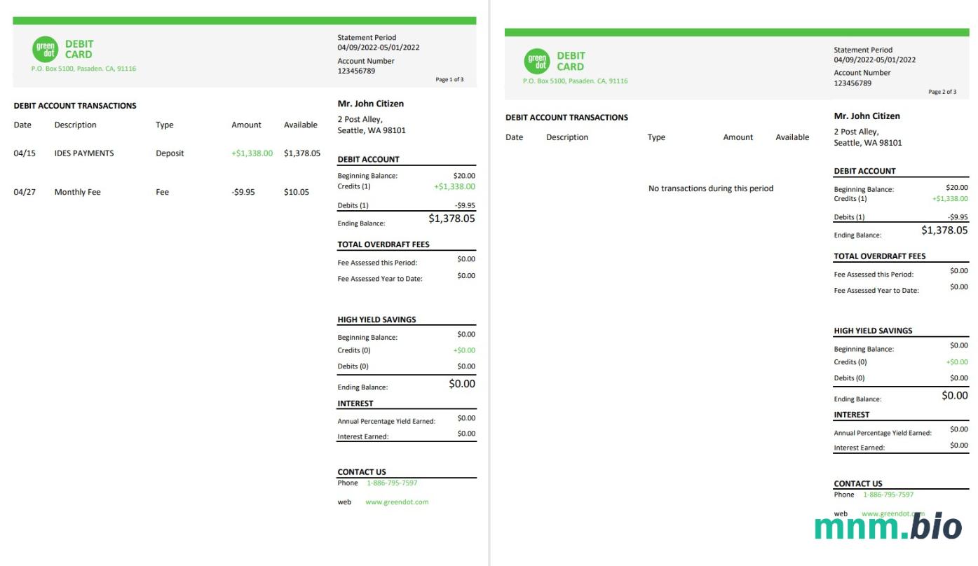 USA Green Dot wyciąg bankowy Word i szablon PDF, 3 strony
